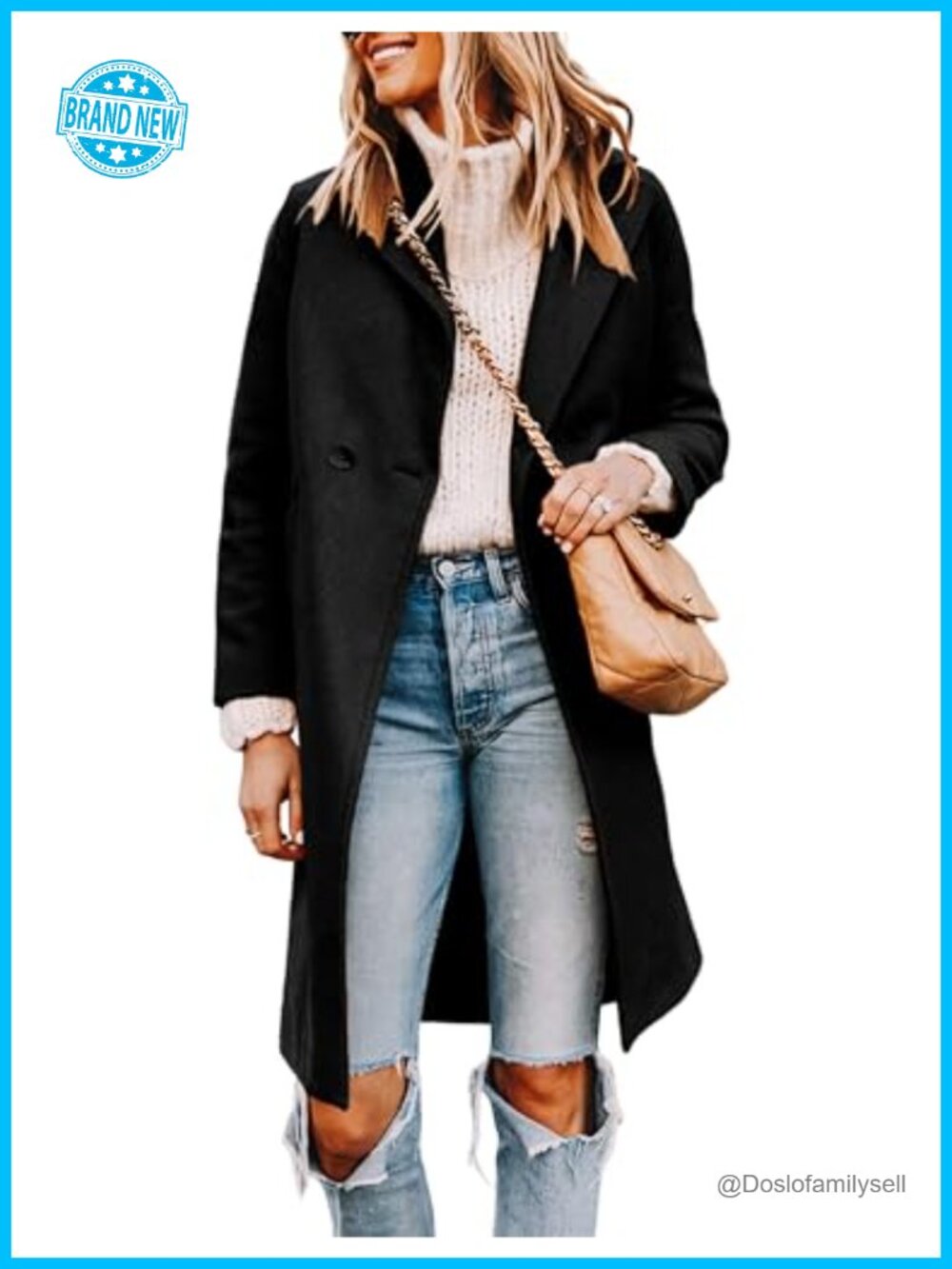 Wool Blend Pea Coat Long Notched Lapel Pockets Knee Length